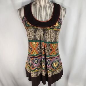 IZ Byer California Brown & Multicolored Piping Accent Sleeveless Top Size Small.